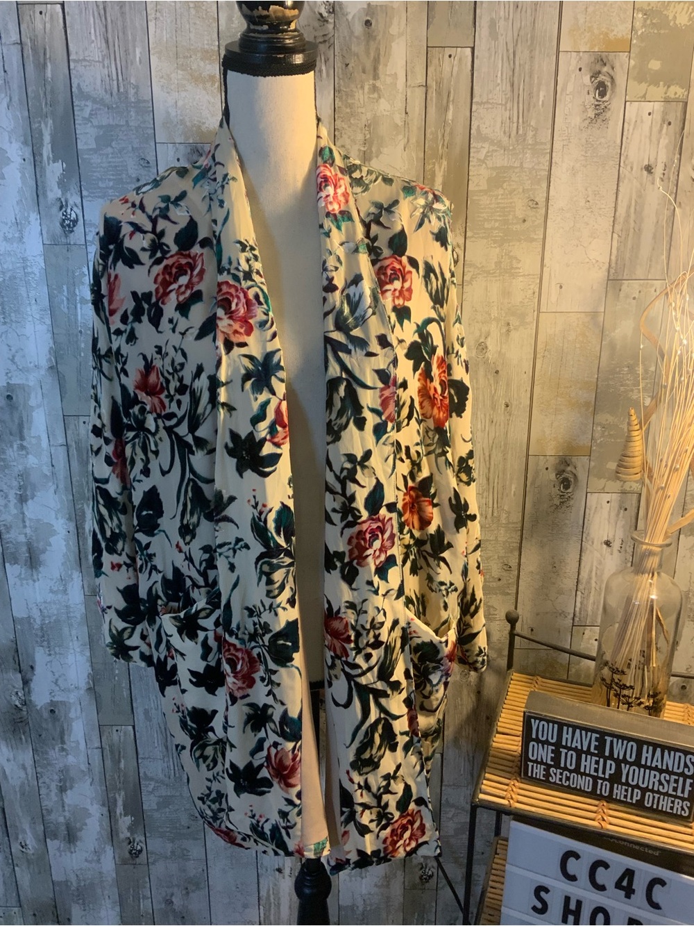 The Kooples Cream Floral Open-Front Kimono with Teal & Rose Accents